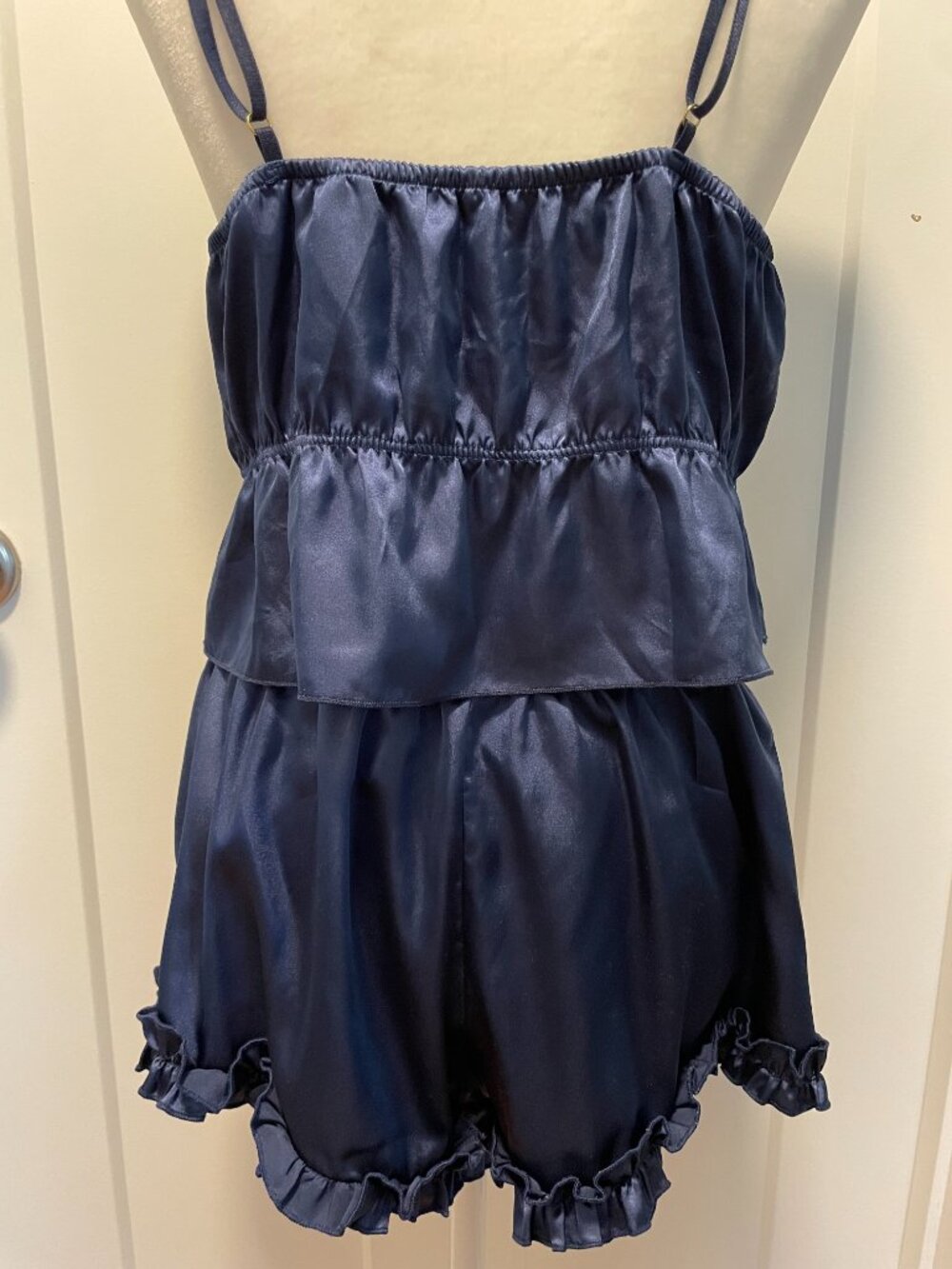 Satin Cami Ruffle Shorts Sleep Set Navy Blue Coquette Lounge Two Piece Size L/XL - Picture 7 of 14
